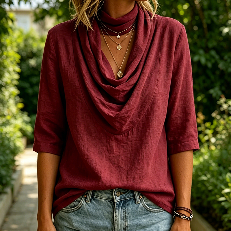 Damen-Drapierungskragen 3/4-Arm Faltenbluse