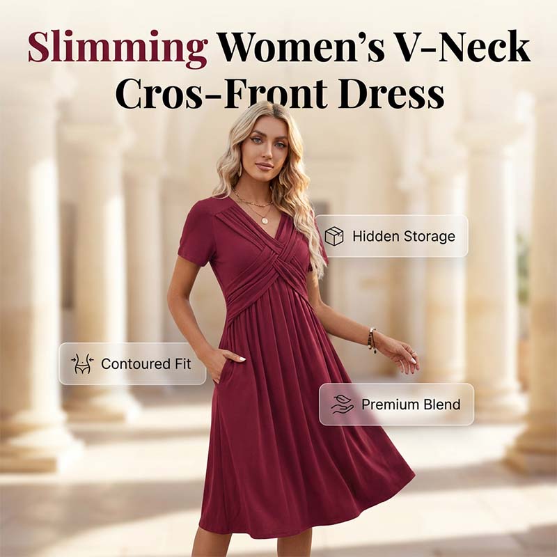 Damen V-Ausschnitt Cross-Front Faltenkleid