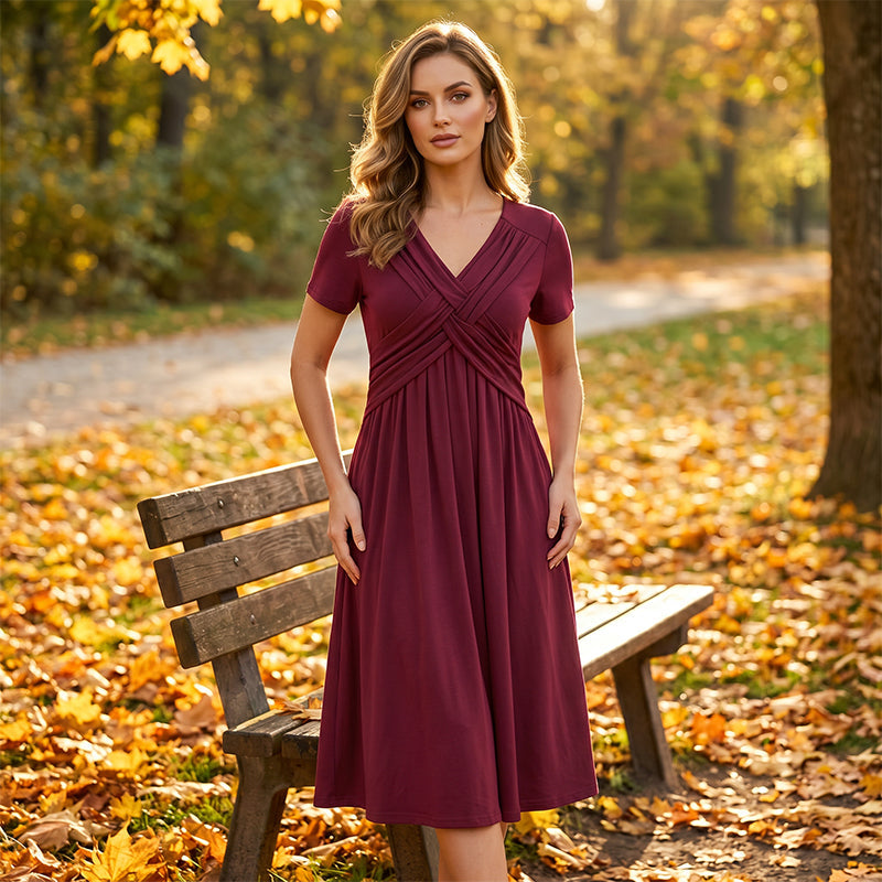 Damen V-Ausschnitt Cross-Front Faltenkleid
