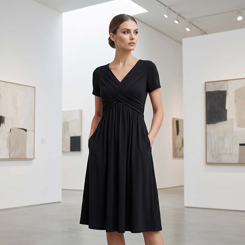 Damen V-Ausschnitt Cross-Front Faltenkleid