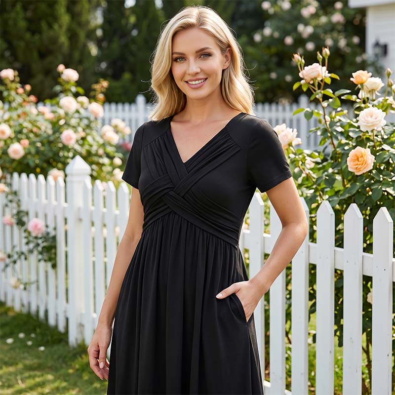 Damen V-Ausschnitt Cross-Front Faltenkleid
