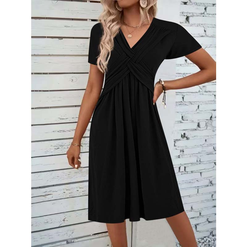 Damen V-Ausschnitt Cross-Front Faltenkleid
