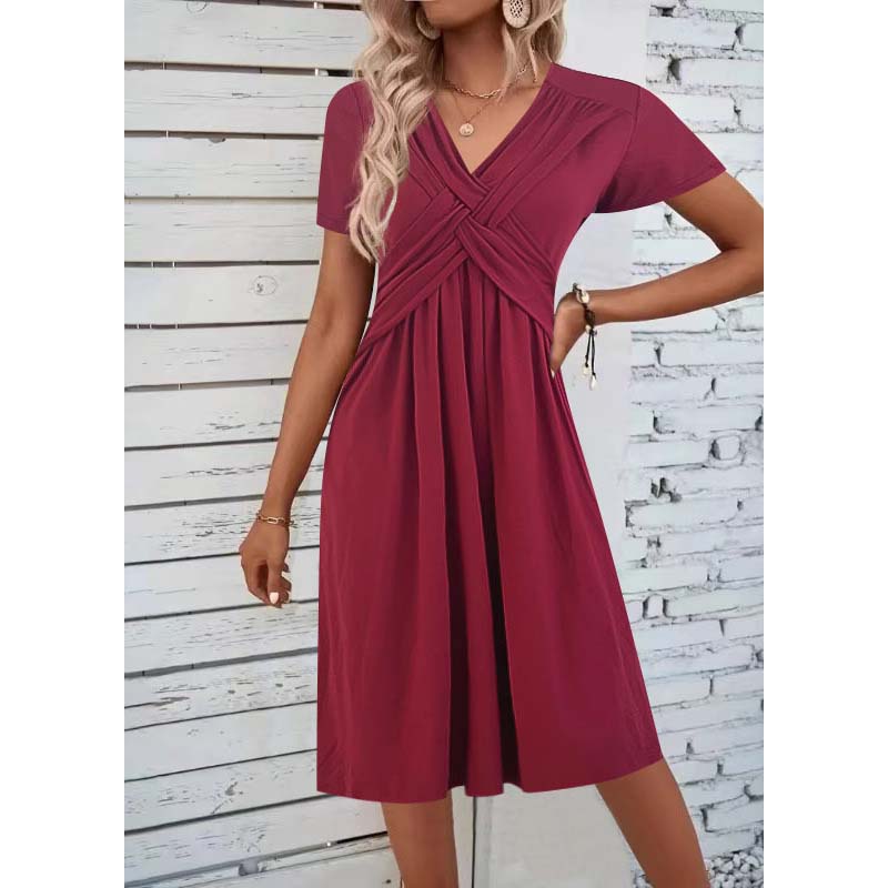 Damen V-Ausschnitt Cross-Front Faltenkleid