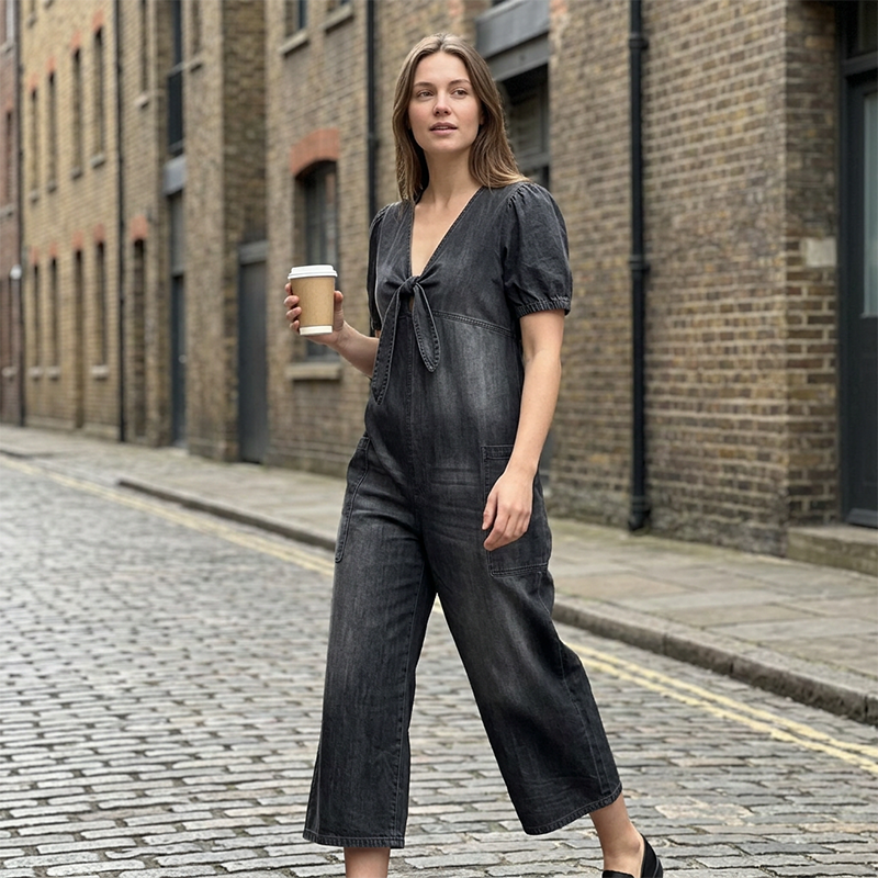Loose Fit V Neck Tie Front Wide Leg Romper for Women