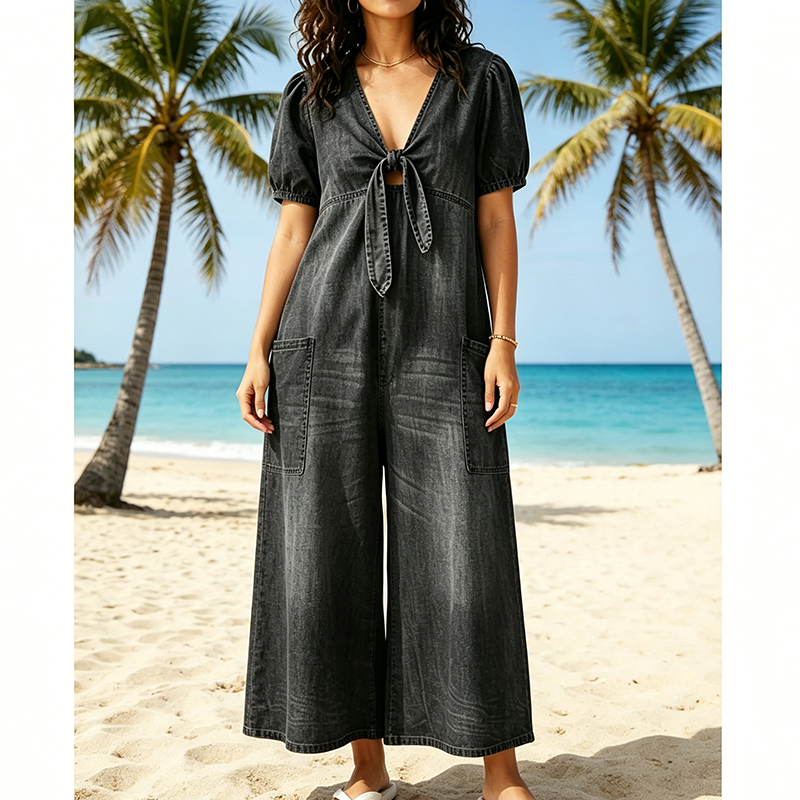 Loose Fit V Neck Tie Front Wide Leg Romper for Women