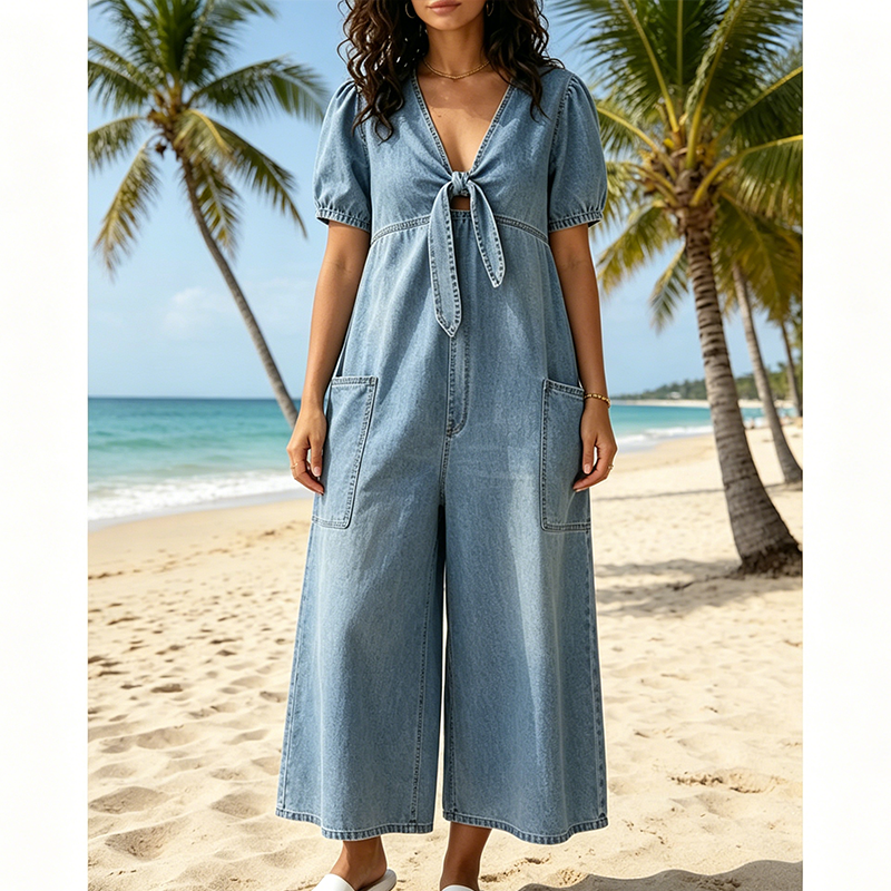 Loose Fit V Neck Tie Front Wide Leg Romper for Women