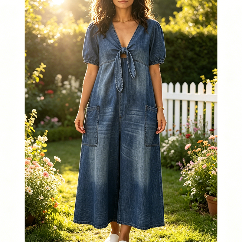 Loose Fit V Neck Tie Front Wide Leg Romper for Women