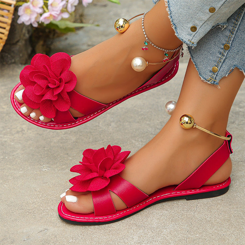 Damen Blume Flache Sandalen Metall Knöchelriemen Sommerschuhe