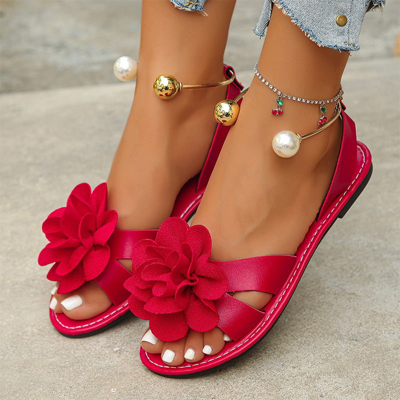 Damen Blume Flache Sandalen Metall Knöchelriemen Sommerschuhe