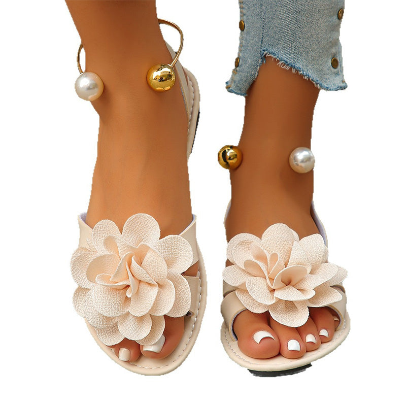 Damen Blume Flache Sandalen Metall Knöchelriemen Sommerschuhe