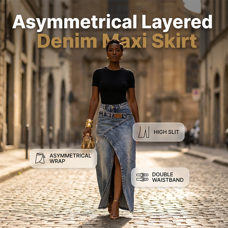 Damen Denim-Maxirock mit mehrlagiger Taille