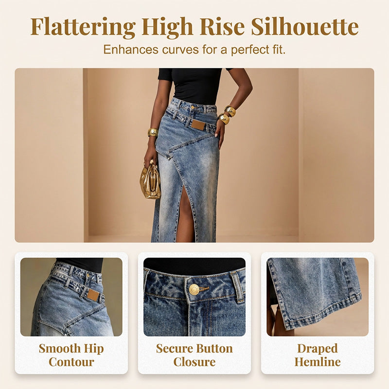 Damen Denim-Maxirock mit mehrlagiger Taille