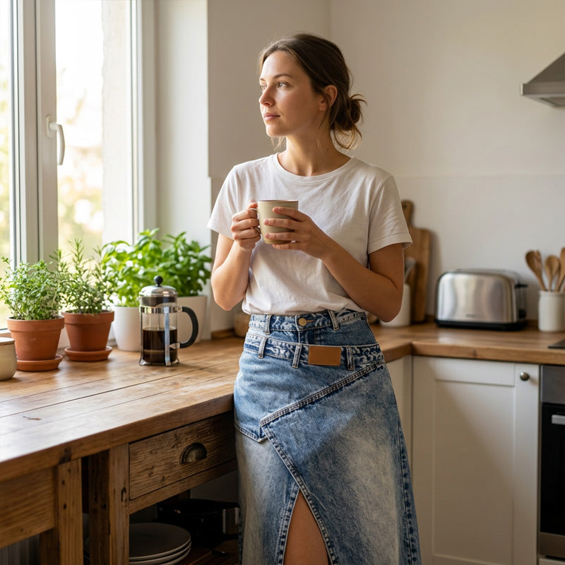 Damen Denim-Maxirock mit mehrlagiger Taille