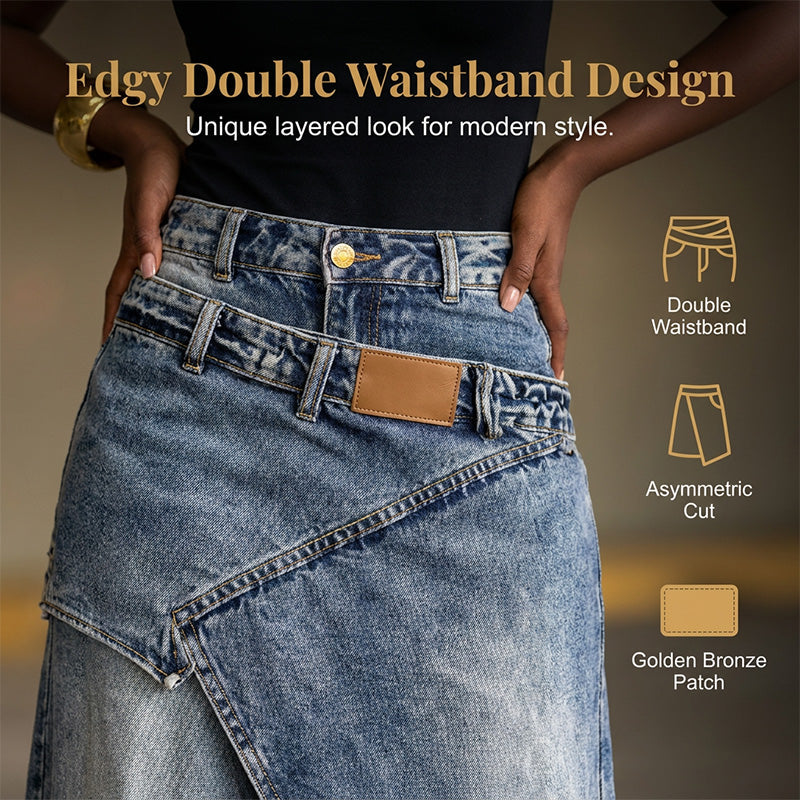 Damen Denim-Maxirock mit mehrlagiger Taille