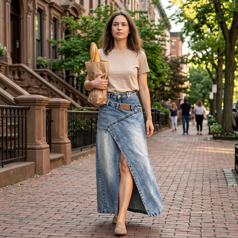 Damen Denim-Maxirock mit mehrlagiger Taille