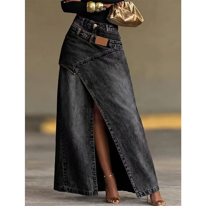 Damen Denim-Maxirock mit mehrlagiger Taille