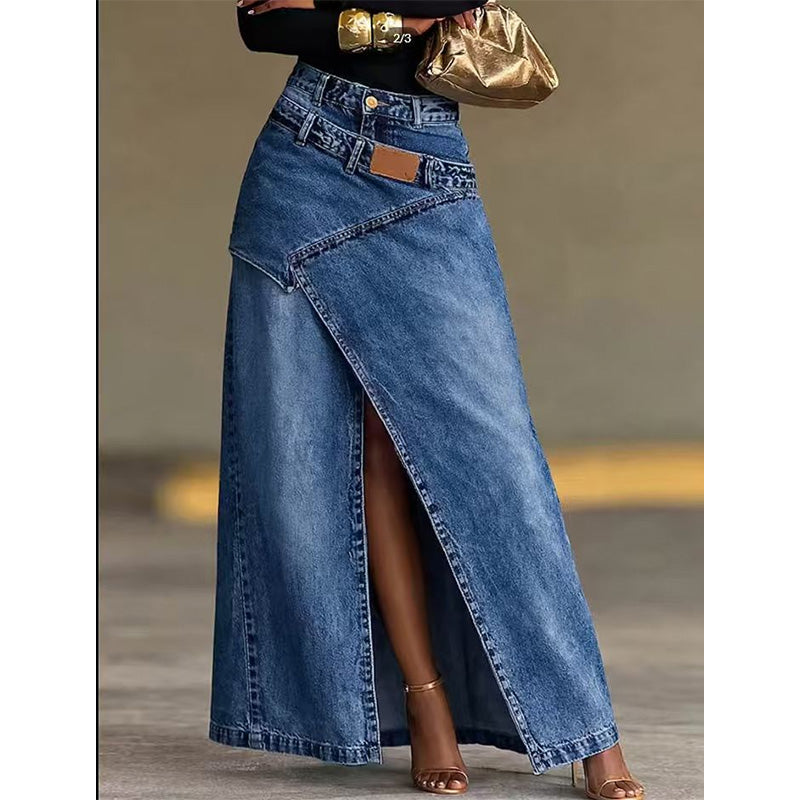 Damen Denim-Maxirock mit mehrlagiger Taille