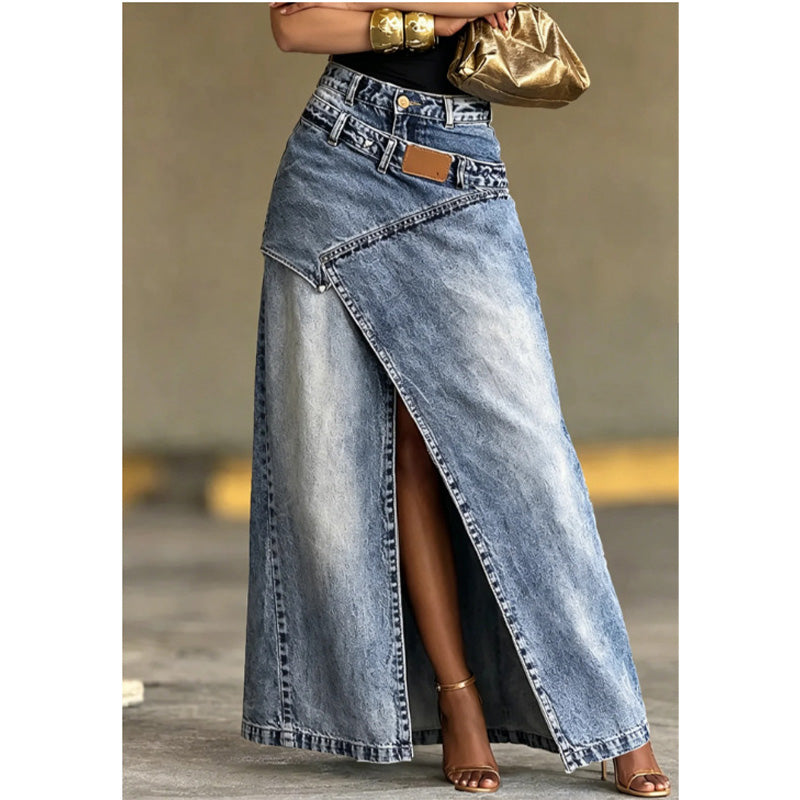 Damen Denim-Maxirock mit mehrlagiger Taille