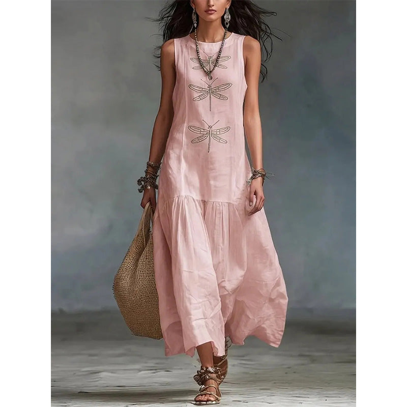 Damen ärmelloses lockeres Kleid mit Libellenprint