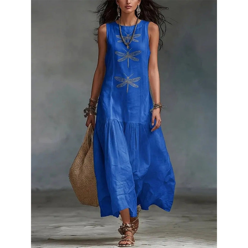 Damen ärmelloses lockeres Kleid mit Libellenprint