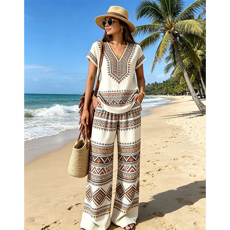 👗 50% RABATT! 💃 2-teiliges Set aus bedrucktem Oberteil & Hose für Damen – Leicht, fließend & vielseitig – Perfekt für Sommer, Strand oder Büro – stylisher 2-in-1 Look mit Komfort 🌸