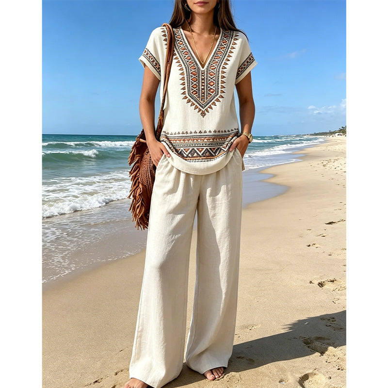 👗 50% RABATT! 💃 2-teiliges Set aus bedrucktem Oberteil & Hose für Damen – Leicht, fließend & vielseitig – Perfekt für Sommer, Strand oder Büro – stylisher 2-in-1 Look mit Komfort 🌸