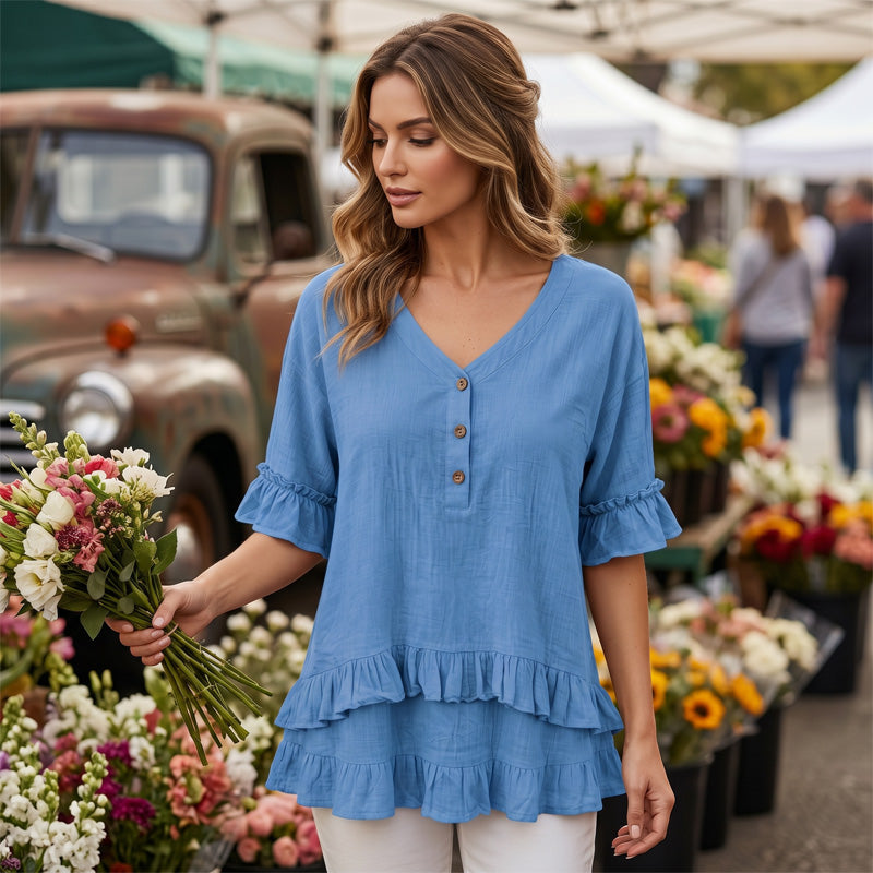 ⏰ LIMITED-TIME OFFER! 🌸 V-Ausschnitt Rüschenbluse – atmungsaktiver Strukturstoff – feminin & figurschmeichelnd – perfekt für Alltag & Büro