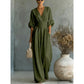 Damen V-Ausschnitt Hochtaillierter Weitbein-Jumpsuit