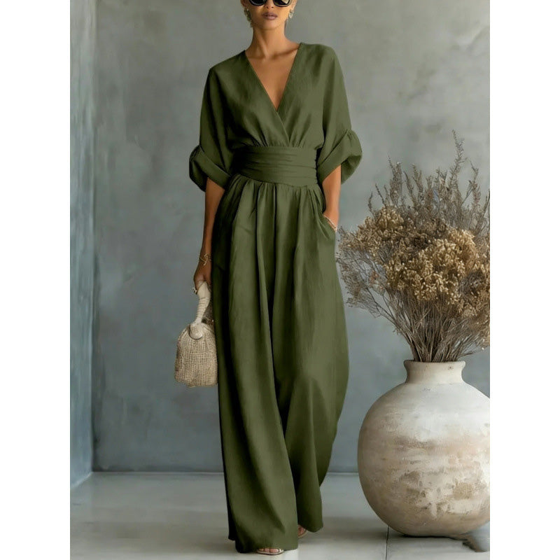 Damen V-Ausschnitt Hochtaillierter Weitbein-Jumpsuit
