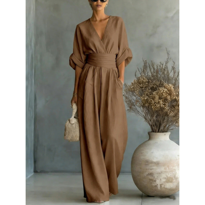 Damen V-Ausschnitt Hochtaillierter Weitbein-Jumpsuit
