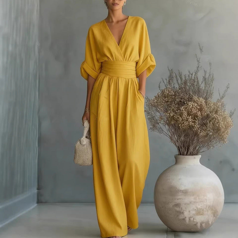 Damen V-Ausschnitt Hochtaillierter Weitbein-Jumpsuit