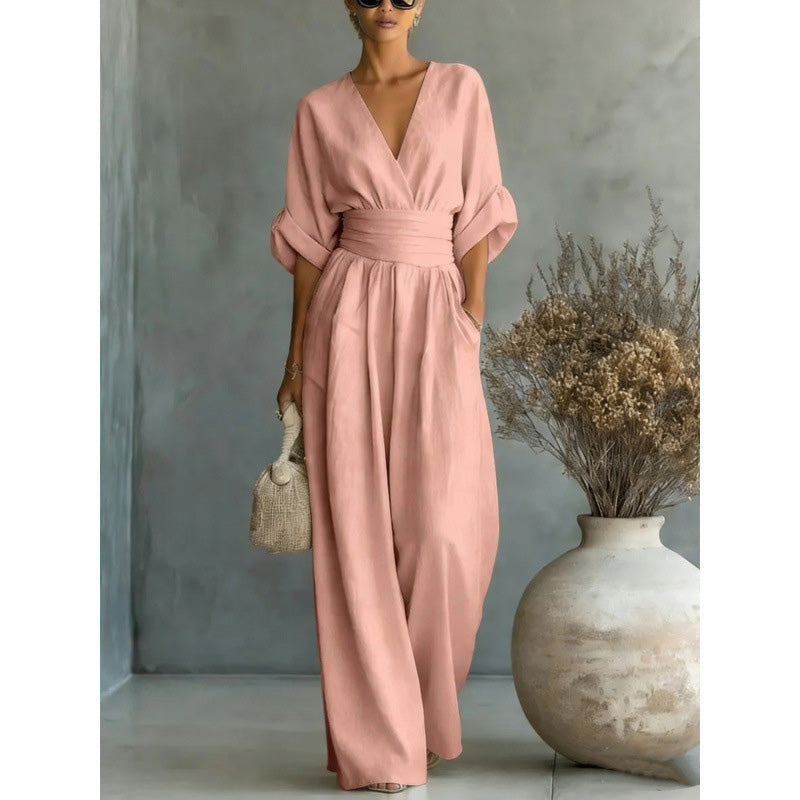 Damen V-Ausschnitt Hochtaillierter Weitbein-Jumpsuit
