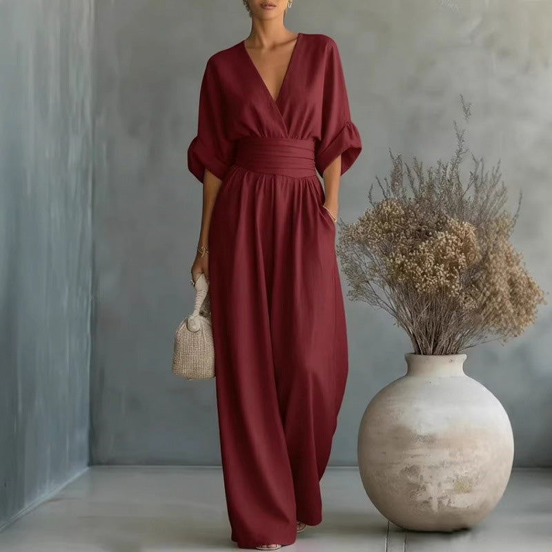 Damen V-Ausschnitt Hochtaillierter Weitbein-Jumpsuit