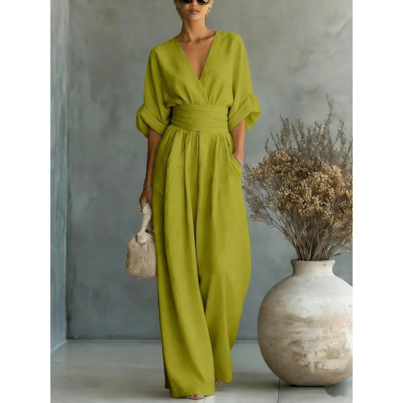 Damen V-Ausschnitt Hochtaillierter Weitbein-Jumpsuit