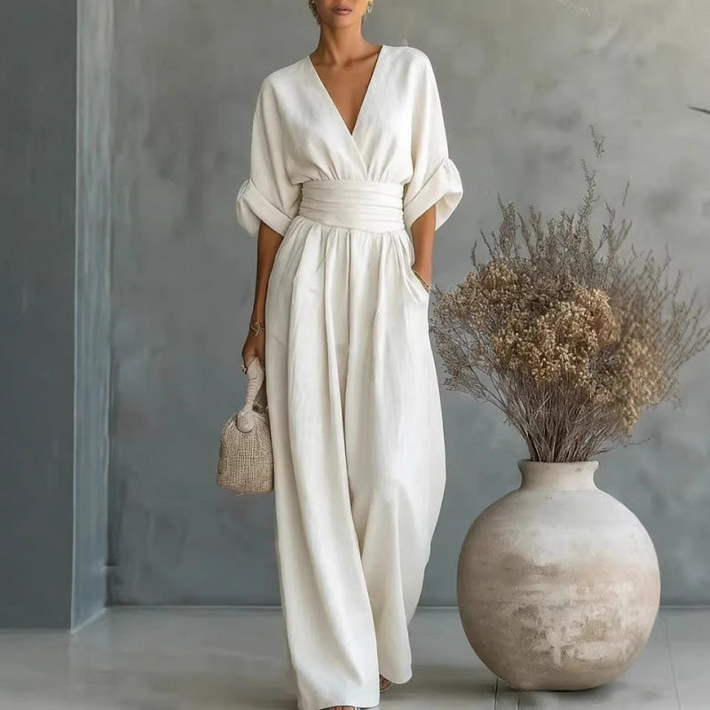 Damen V-Ausschnitt Hochtaillierter Weitbein-Jumpsuit