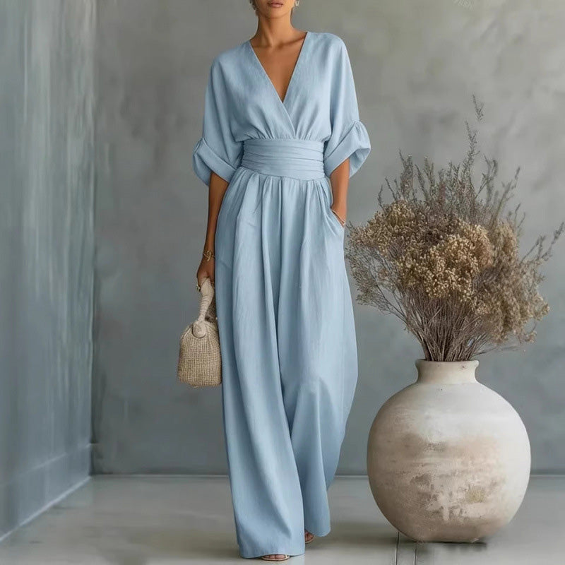 Damen V-Ausschnitt Hochtaillierter Weitbein-Jumpsuit