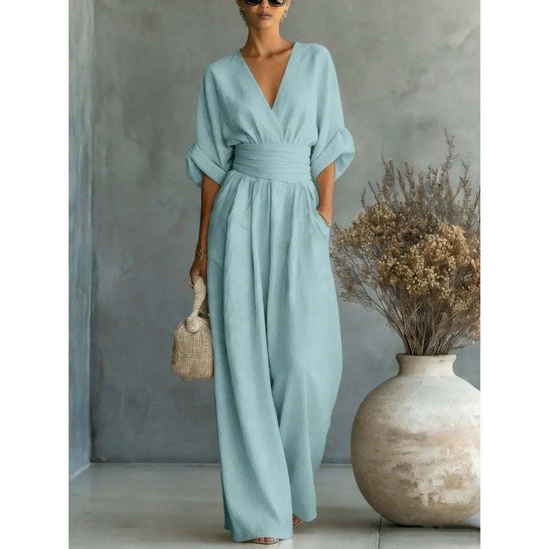 Damen V-Ausschnitt Hochtaillierter Weitbein-Jumpsuit