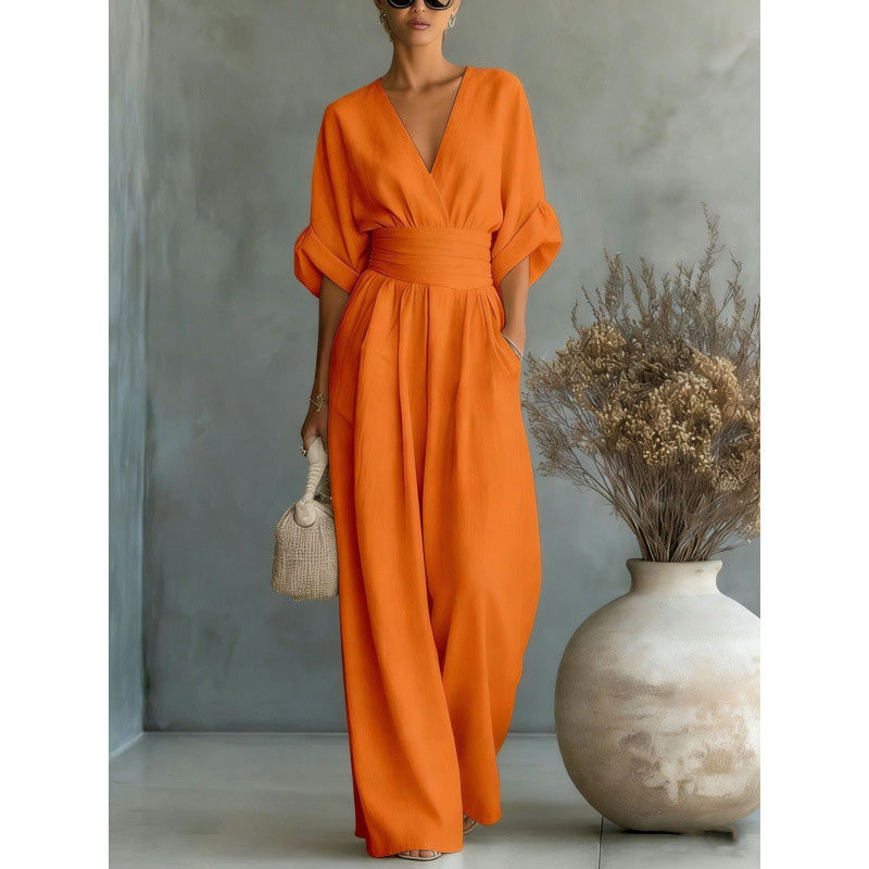 Damen V-Ausschnitt Hochtaillierter Weitbein-Jumpsuit