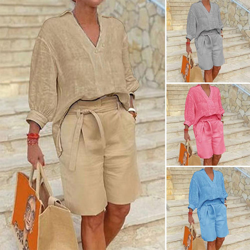Damen lässiges V-Ausschnitt-Oberteil und Shorts Set
