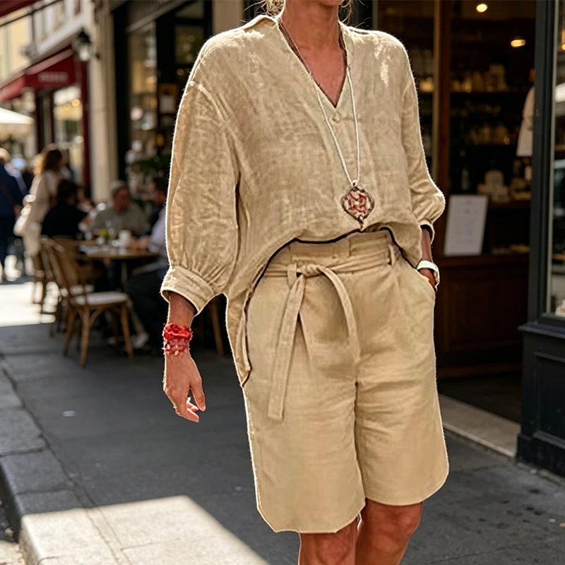 Damen lässiges V-Ausschnitt-Oberteil und Shorts Set