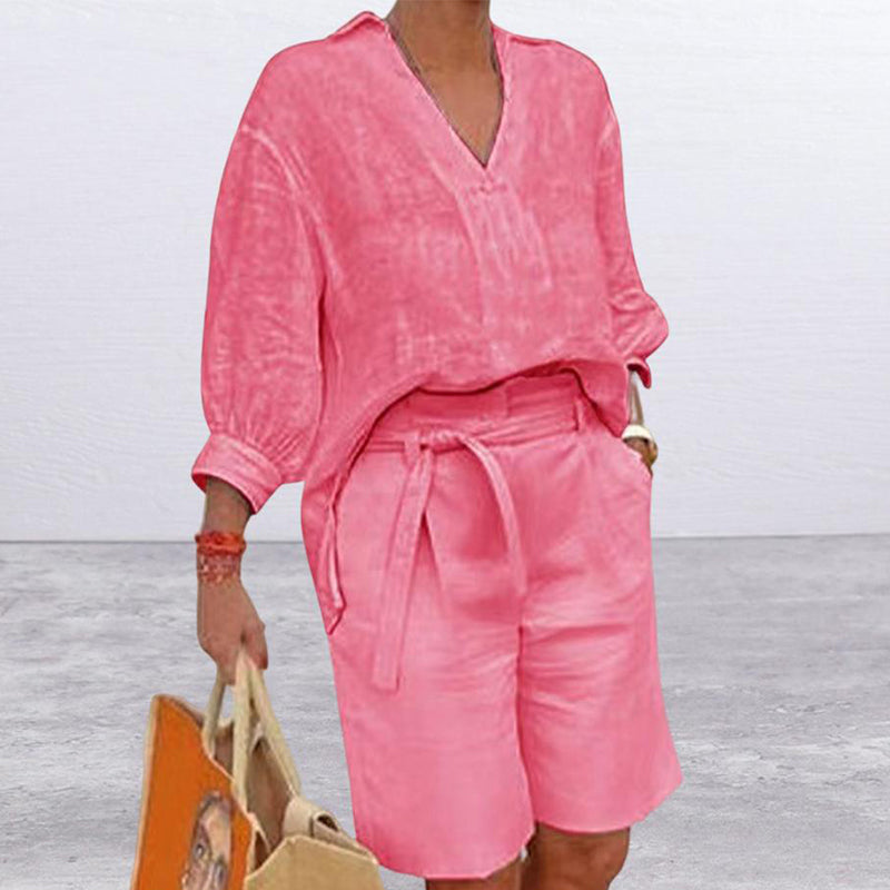 Damen lässiges V-Ausschnitt-Oberteil und Shorts Set