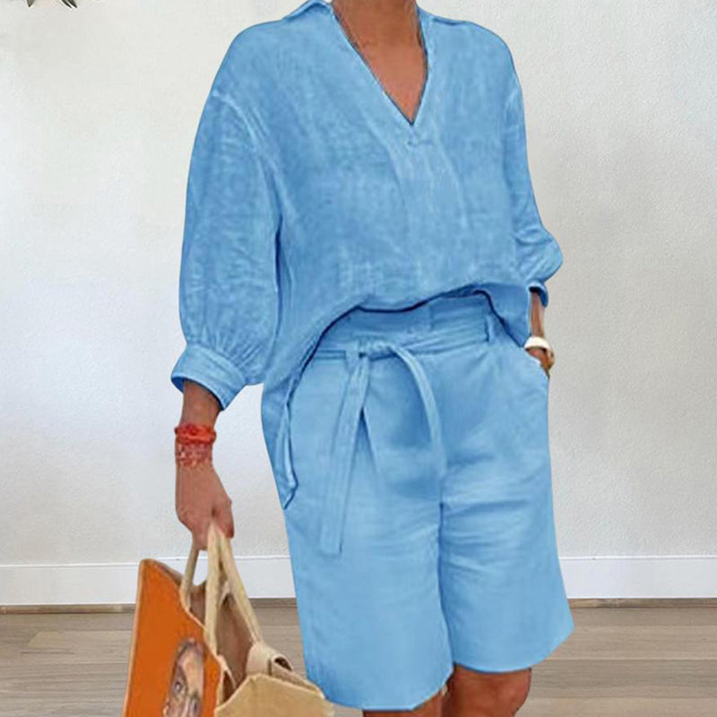 Damen lässiges V-Ausschnitt-Oberteil und Shorts Set