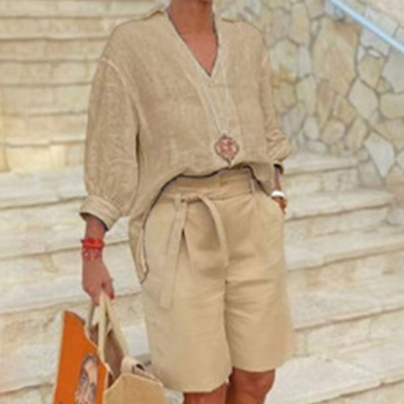 Damen lässiges V-Ausschnitt-Oberteil und Shorts Set