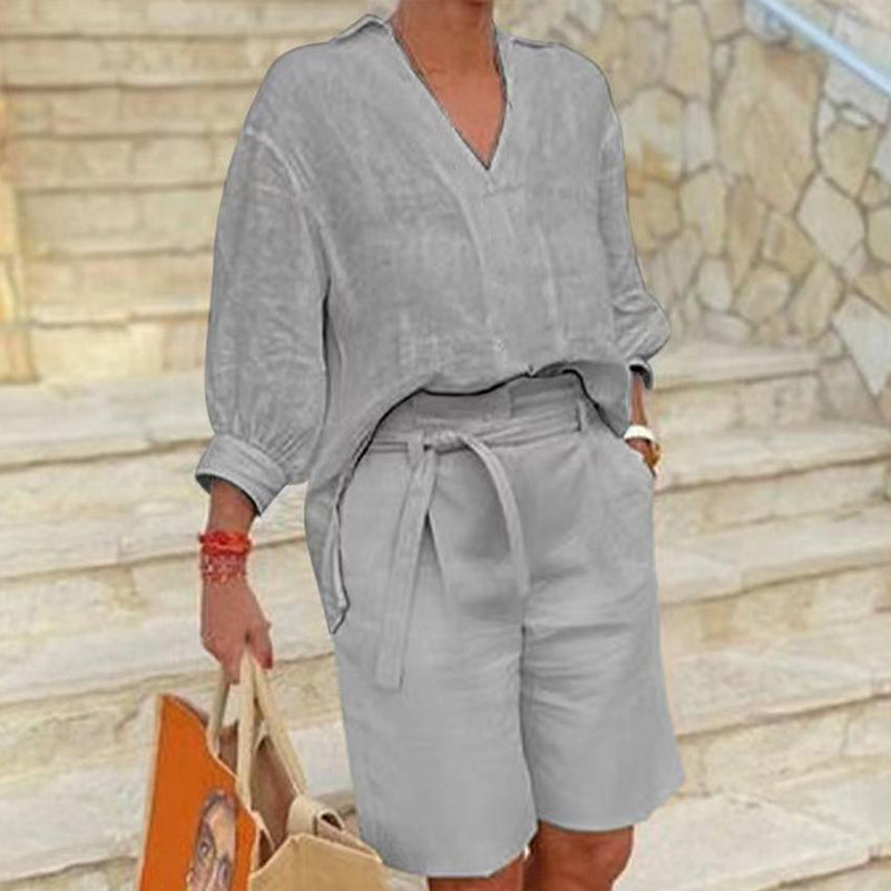 Damen lässiges V-Ausschnitt-Oberteil und Shorts Set