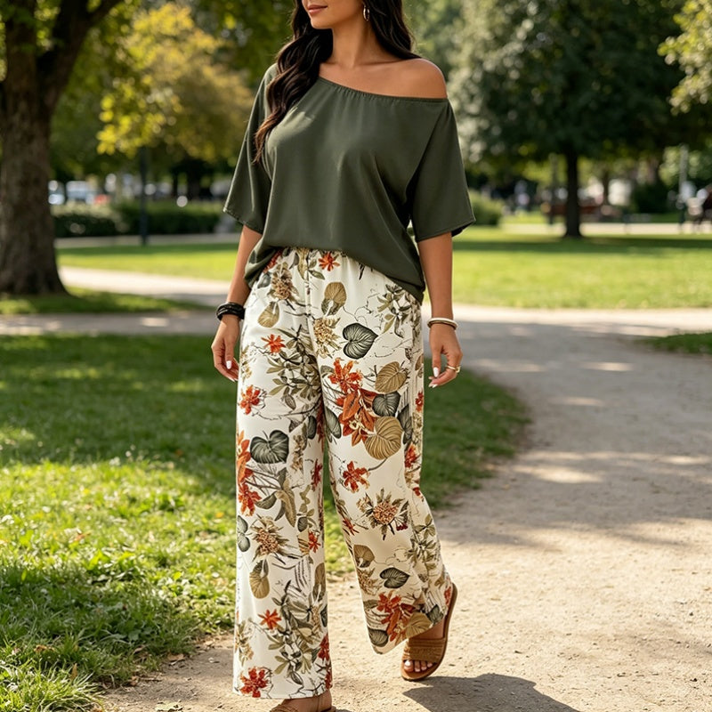 2-teiliges Set aus schulterfreiem Oberteil und bedruckter Hose für Damen