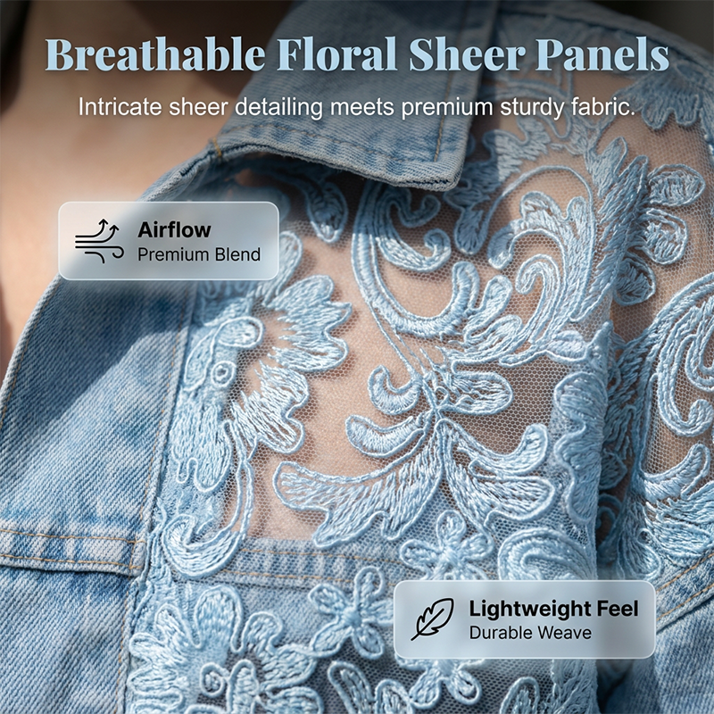 🔥 Locker sitzende Damenjeansjacke mit Blumenmuster und Spitzen-Patchwork – verspielter Boho-Look, bequem & einzigartig – perfekt für Alltag, Ausflüge & Layering