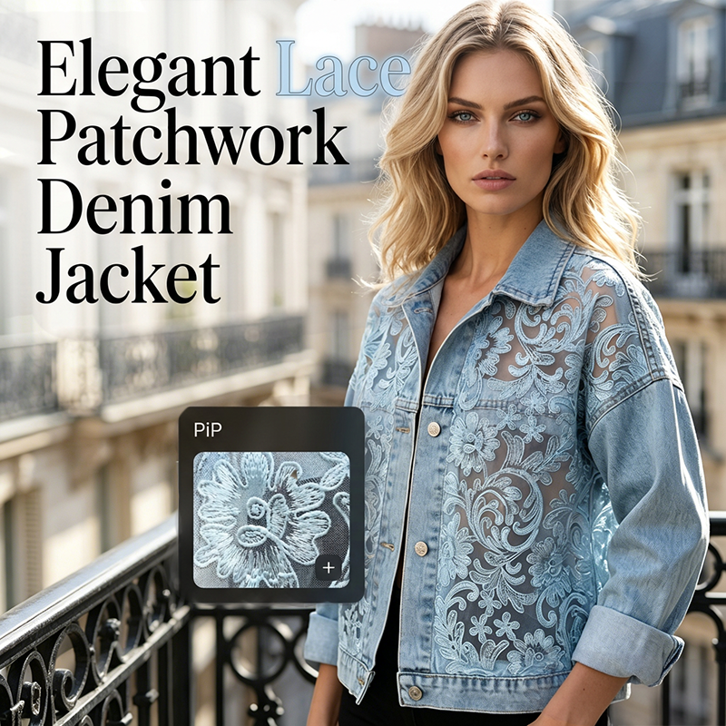 🔥 Locker sitzende Damenjeansjacke mit Blumenmuster und Spitzen-Patchwork – verspielter Boho-Look, bequem & einzigartig – perfekt für Alltag, Ausflüge & Layering