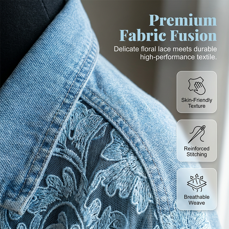 🔥 Locker sitzende Damenjeansjacke mit Blumenmuster und Spitzen-Patchwork – verspielter Boho-Look, bequem & einzigartig – perfekt für Alltag, Ausflüge & Layering