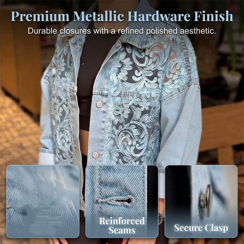 🔥 Locker sitzende Damenjeansjacke mit Blumenmuster und Spitzen-Patchwork – verspielter Boho-Look, bequem & einzigartig – perfekt für Alltag, Ausflüge & Layering