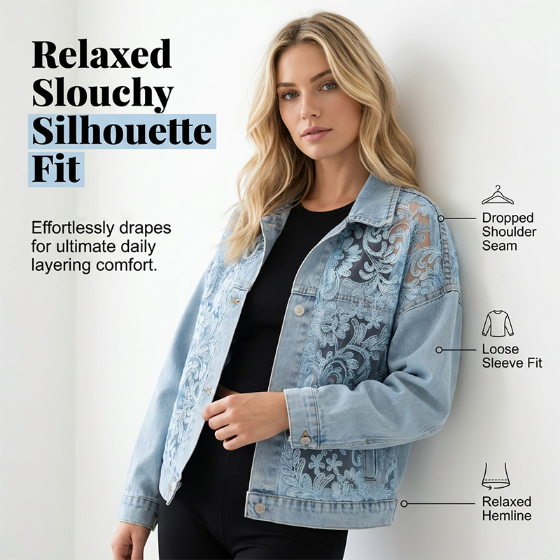 🔥 Locker sitzende Damenjeansjacke mit Blumenmuster und Spitzen-Patchwork – verspielter Boho-Look, bequem & einzigartig – perfekt für Alltag, Ausflüge & Layering
